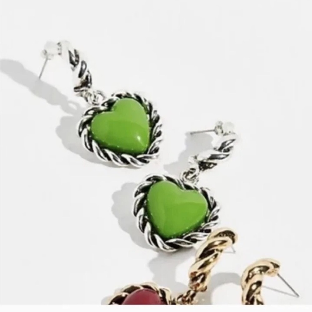 NWT Free People Women's Green And Silver Heart Earrings